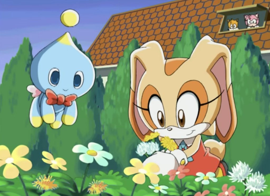 Cream the rabbit and her chao companion cheese are picking flowers
